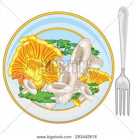 Mushrooms On Plate On White Background Is Insulated