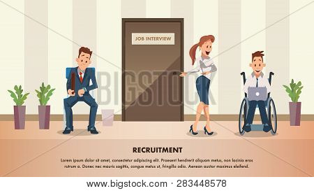 Man Wait Job Interview At Door. Disabled Employee. Character In Suit Sit On Chair. Woman Ask Wheelch
