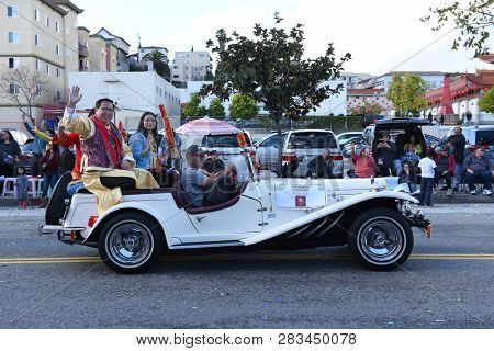 LOS ANGELES - FEBRUARY 9, 2019:  Chester Chong Chairman of the Chinese Chamber of Commerce aknowledges the crowd during the Chinese New Year Parade