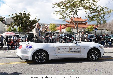LOS ANGELES - FEBRUARY 9, 2019: Tai Vong and Charlie Sampson CHP Captains ride in the Los Angeles Chinese New Year Parade.
