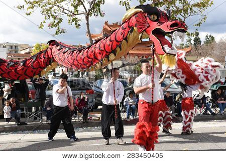 LOS ANGELES - FEBRUARY 9, 2019: Chinese Dragons, the symbol of Chi (energy) and good fortune, at the Golden Dragon Parade, celebrating the Chinese New Year.