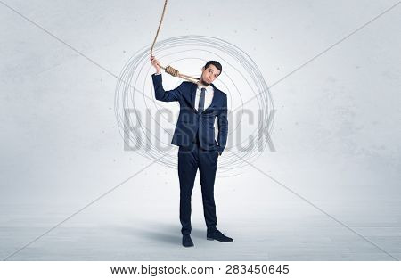 Burnout young elegant businessman trying to suicide with doodle concept