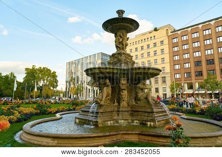 DUSSELDORF, GERMANY - CIRCA SEPTEMBER, 2018: fountain at Konigsallee in Dusseldorf.