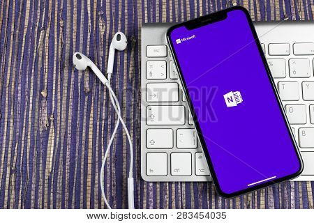 Sankt-petersburg, February 10, 2019: Microsoft Onenote Office Application Icon On Apple Iphone X Scr