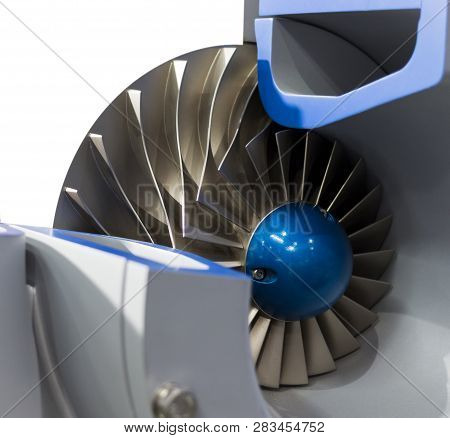 Close Up Impeller In Side Indsustrial Air Blower, Cross Section View,high Technology Equipment ; Whi