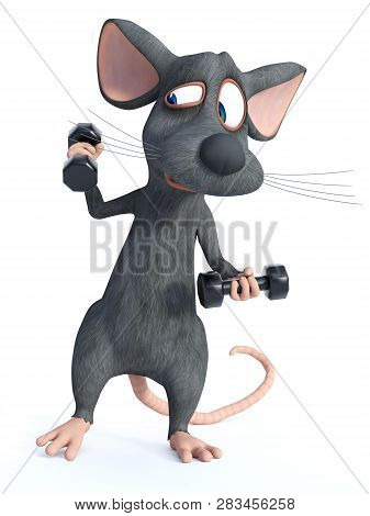 3d Rendering Of A Cute Cartoon Mouse Exercising With Dumbbells. He Looks A Bit Strained. White Backg