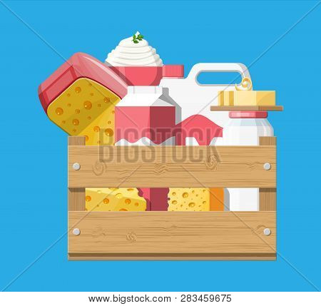 Milk Products Set In Wooden Box With Cheese, Cottage And Butter. Dairy Food. Tradicional Fresh Farm 