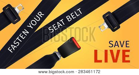 Realistic Passenger Seat Belt Poster Of Social Advertising On Yellow Background Vector Illustration