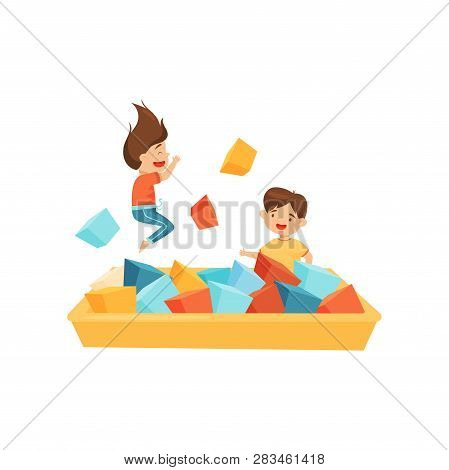 Little Boy And Girl Playing In Pool With Soft Paralon Cubes. Children Leisure. Fun Activity. Flat Ve