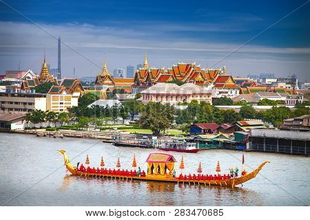 Royal Boat And River With Grand Palace Background In Bangkok City, Thailand, This Immage Can Use For