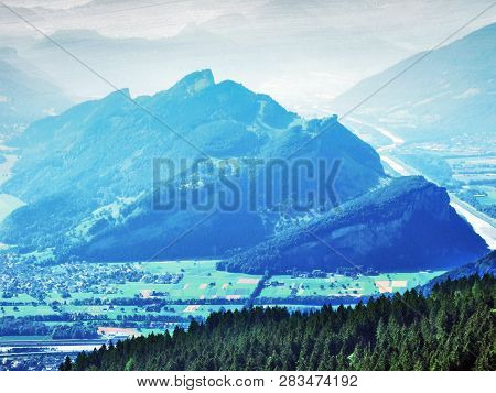 View Of The River Rhine Valley (rheintal) From The Alvier Mountain - Canton Of St. Gallen, Switzerla