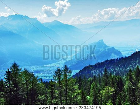View Of The River Rhine Valley (rheintal) From The Alvier Mountain - Canton Of St. Gallen, Switzerla