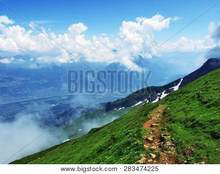 View Of The River Rhine Valley (rheintal) From The Alvier Mountain - Canton Of St. Gallen, Switzerla