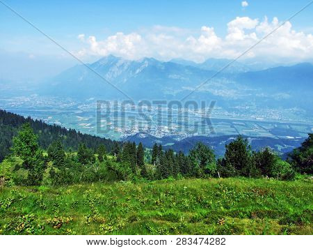View Of The River Rhine Valley (rheintal) From The Alvier Mountain - Canton Of St. Gallen, Switzerla