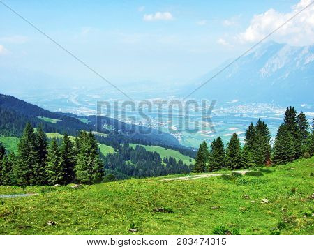 View Of The River Rhine Valley (rheintal) From The Alvier Mountain - Canton Of St. Gallen, Switzerla