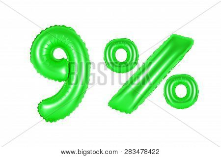 Nine 9 Percent From Green Balloons On A White Background. Discounts And Sales, Holidays And Educatio