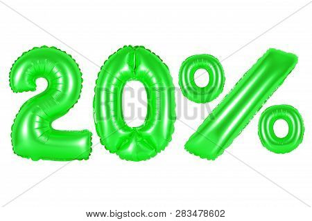 Twenty 20 Percent From Green Balloons On A White Background. Discounts And Sales, Holidays And Educa