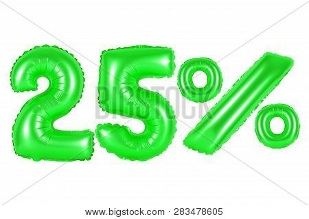 Twenty Five 25 Percent From Green Balloons On A White Background. Discounts And Sales, Holidays And 