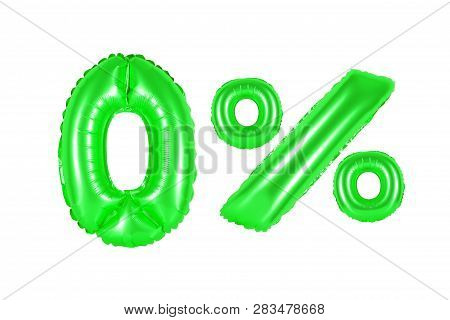 Zero 0 Percent From Green Balloons On A White Background. Discounts And Sales, Holidays And Educatio