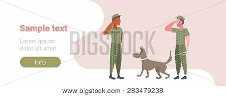 Military Men Standing With Dog Mix Race Army Soldiers In Camouflage Uniform Saluting Gesture Male Ca