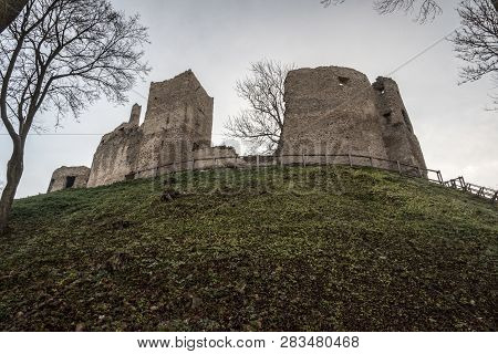 Povazsky Hrad Castle Ruins Above Povazska Bystrica City In Slovakia During Autumn Morning