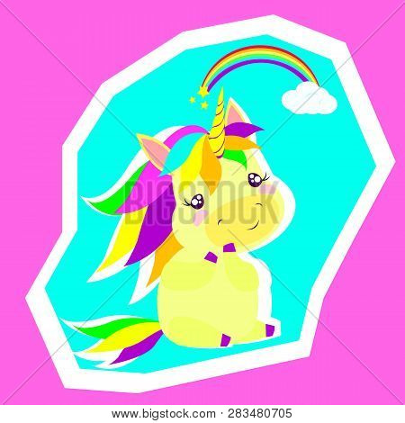 Vector Flat Illustration With Cute Unicorn, Rainbow, Stars, Clowd. Zine Art Style