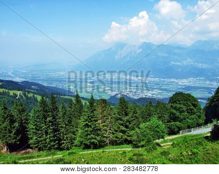 View Of The River Rhine Valley (rheintal) From The Alvier Mountain - Canton Of St. Gallen, Switzerla