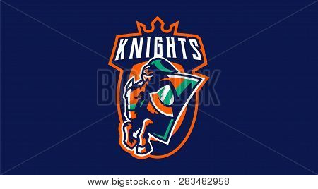 Knight Emblem On Horse. A Warrior Galloping On A Horse, A Knight In Armor. Horseman, Sword, Shield, 