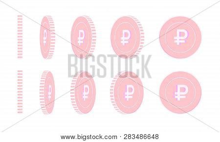 Russian Ruble Rotating Coins Set, Animation Ready. Pink Rub Copper Coins Rotation. Russia Metal Mone