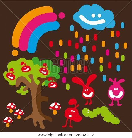 Kreslený obrázek s roztomilá stvoření, houby a rainbow