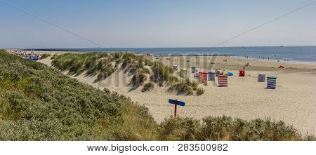 Borkum, Germany - July 25, 2018: Dunes And Beach On The Vacation Island Of Borkum, Germany
