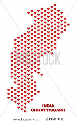 Mosaic Chhattisgarh State Map Of Heart Hearts In Red Color Isolated On A White Background. Regular R