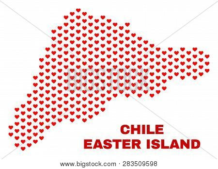Mosaic Easter Island Map Of Heart Hearts In Red Color Isolated On A White Background. Regular Red He