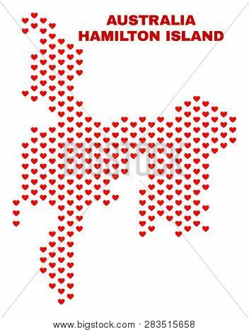 Mosaic Hamilton Island Map Of Heart Hearts In Red Color Isolated On A White Background. Regular Red 