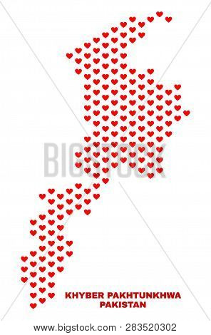 Mosaic Khyber Pakhtunkhwa Province Map Of Heart Hearts In Red Color Isolated On A White Background. 