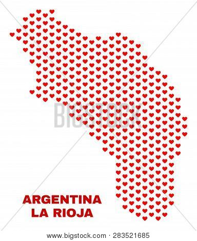 Mosaic La Rioja Of Argentina Map Of Heart Hearts In Red Color Isolated On A White Background. Regula