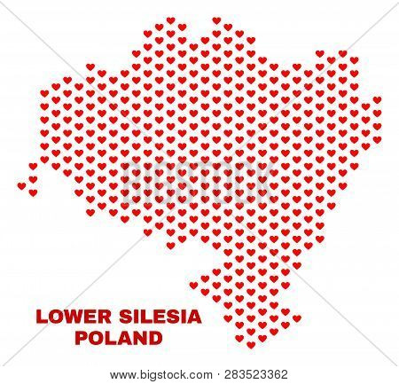 Mosaic Lower Silesia Province Map Of Love Hearts In Red Color Isolated On A White Background. Regula