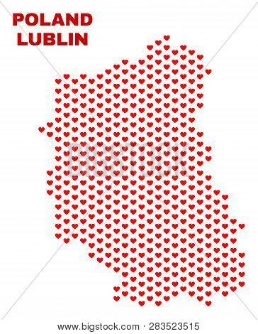 Mosaic Lublin Voivodeship Map Of Heart Hearts In Red Color Isolated On A White Background. Regular R