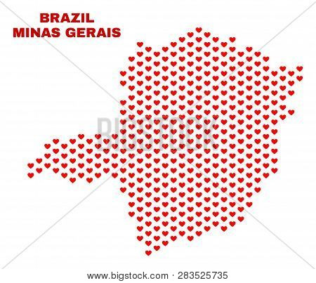 Mosaic Minas Gerais State Map Of Love Hearts In Red Color Isolated On A White Background. Regular Re