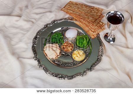 Table Ready For Traditional Seder Plate Ritual The Jewish Holiday Of Passover Kiddush Wine Cup, Hagg