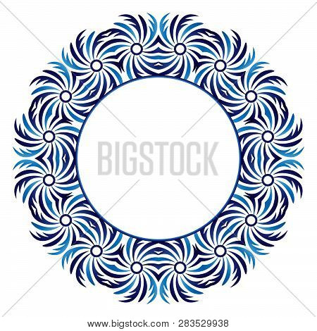 Ceramic Tile Pattern. Decorative Round Ornament. White Background With Art Frame. Islamic, Indian, A