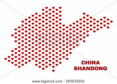 Mosaic Shandong Province Map Of Heart Hearts In Red Color Isolated On A White Background. Regular Re