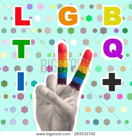 the text LGBTQI+, as magazine cutouts, and a hand doing the V sign patterned with the rainbow flag, on a green background patterned with different geometrical figures, as a contemporary art collage