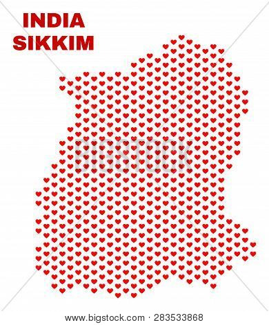 Mosaic Sikkim State Map Of Valentine Hearts In Red Color Isolated On A White Background. Regular Red