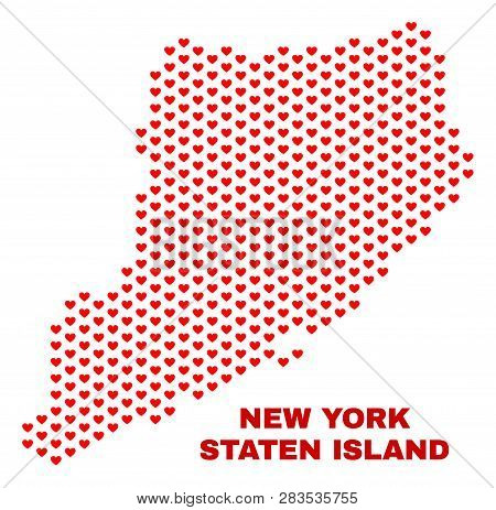 Mosaic Staten Island Map Of Heart Hearts In Red Color Isolated On A White Background. Regular Red He