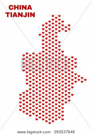 Mosaic Tianjin City Map Of Heart Hearts In Red Color Isolated On A White Background. Regular Red Hea