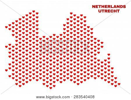 Mosaic Utrecht Province Map Of Valentine Hearts In Red Color Isolated On A White Background. Regular