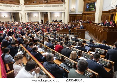 Kiev, Ukraine - Feb. 07, 2019: President Of Ukraine Petro Poroshenko During A Meeting Of The Verkhov