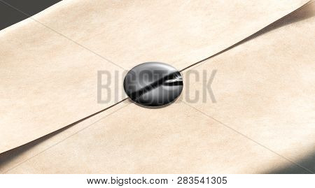 Blank Black Adhesive Sticker On Craft Wrapping Paper Mockup, 3d Rendering. Empty Wrap Bag With Stick
