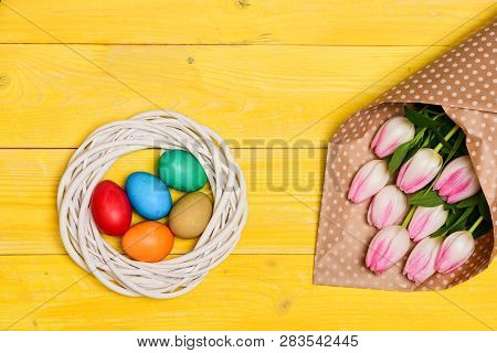 Easter Eggs Symbol. Spring Vibes. Easter Is Coming. Colorful Bright Eggs And Bouquet Fresh Tulip Flo